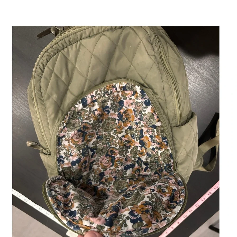 Vera Bradley Quilted Backpack Sage Green Floral Lining Large School Travel Bag
